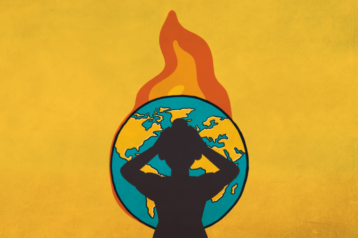 An illustration of a distressed woman in a burning globe