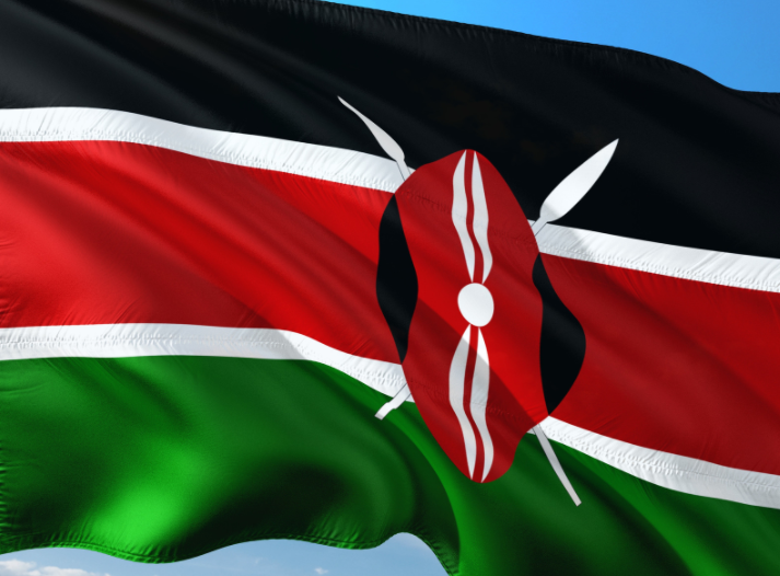 The Kenyan flag - black, red and green horizontal stripes with a shield in the middle 