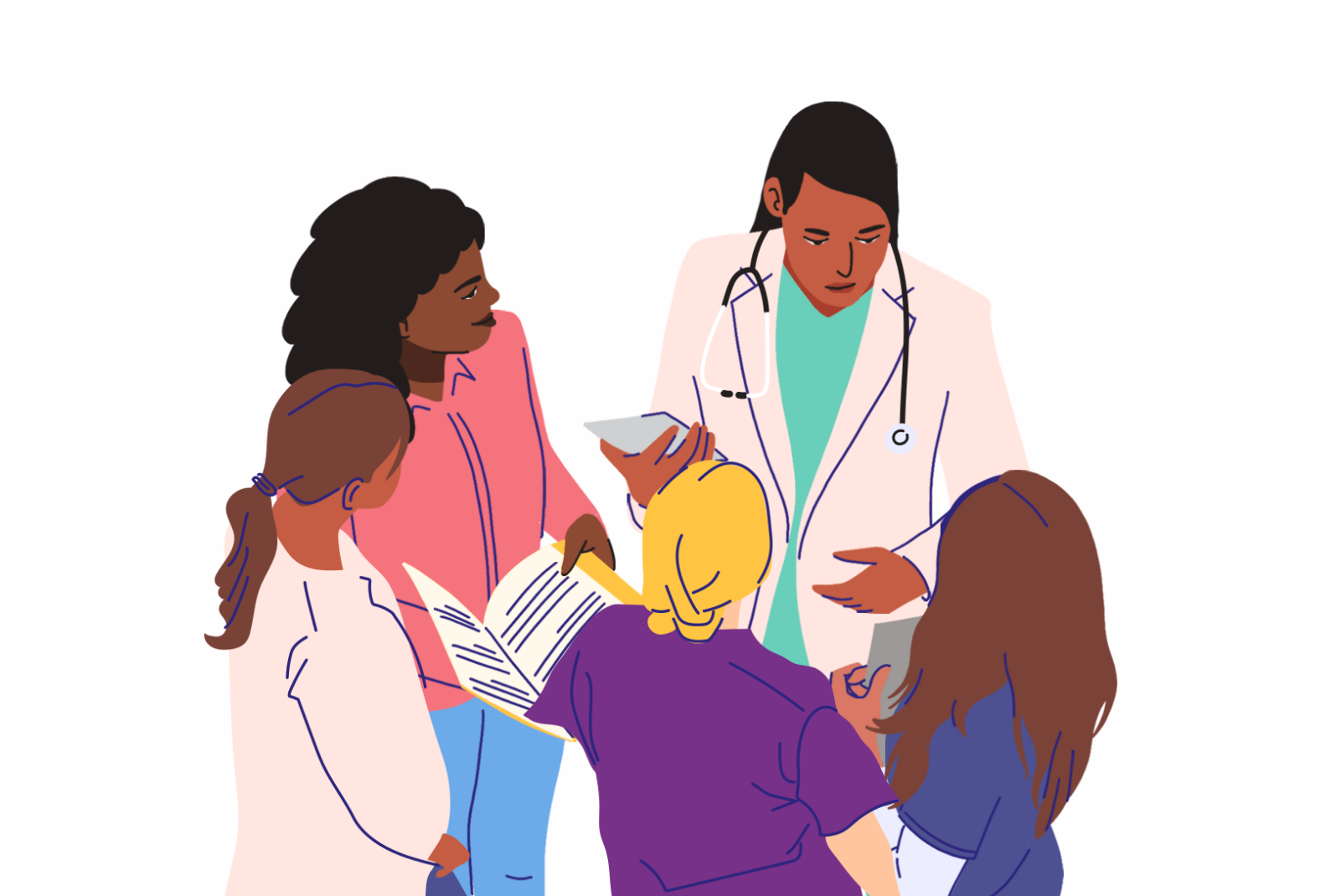 An illustration of a group of healthcare workers talking