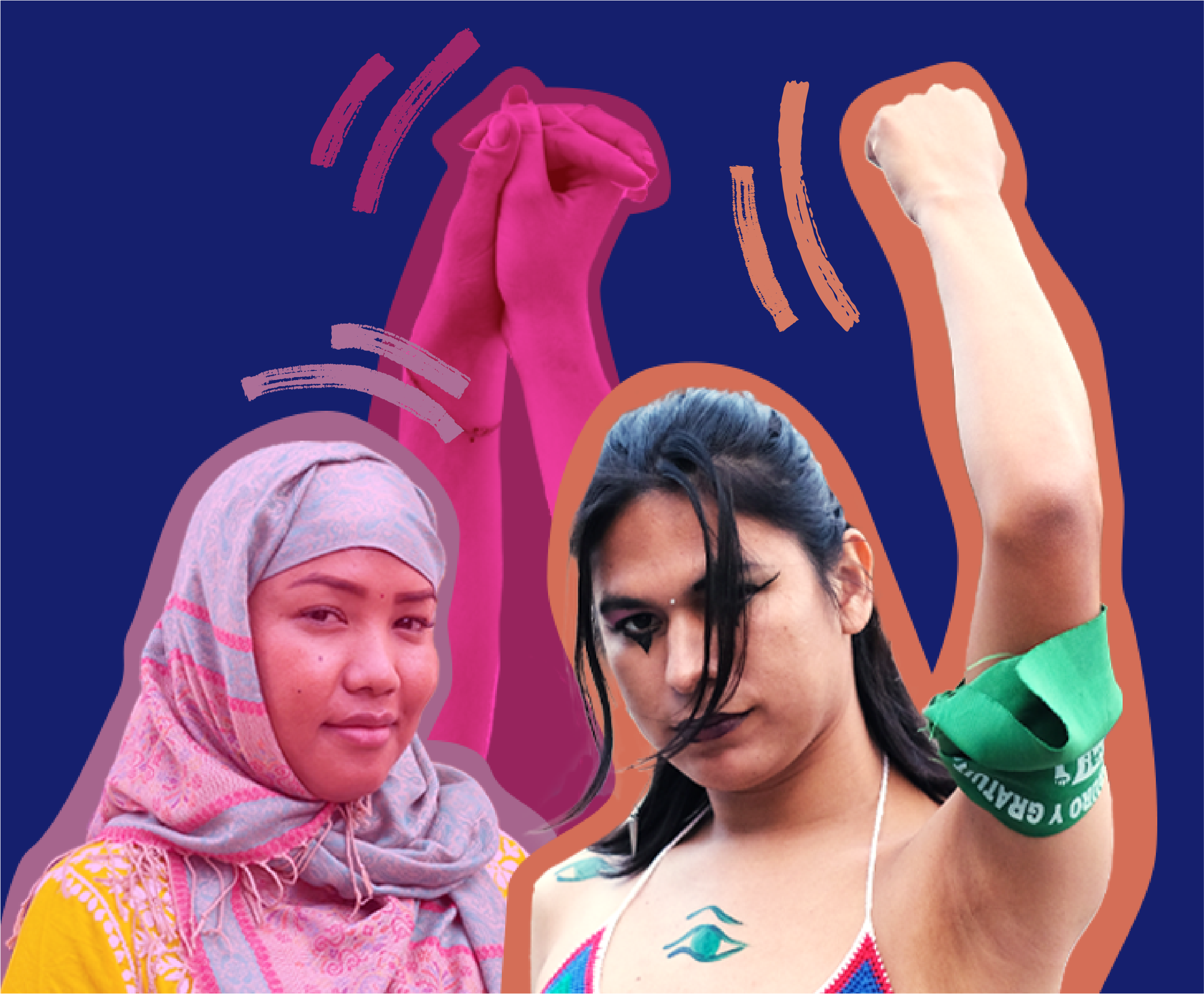 People with arm raised to show power in bold illustrated colors