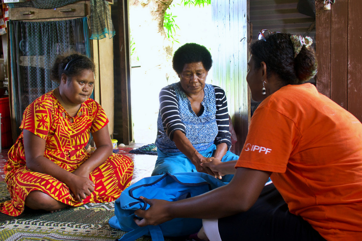 A member of an IPPF humanitarian response team supporting women and girls in the aftermath of Cyclone Yasa in Fiji