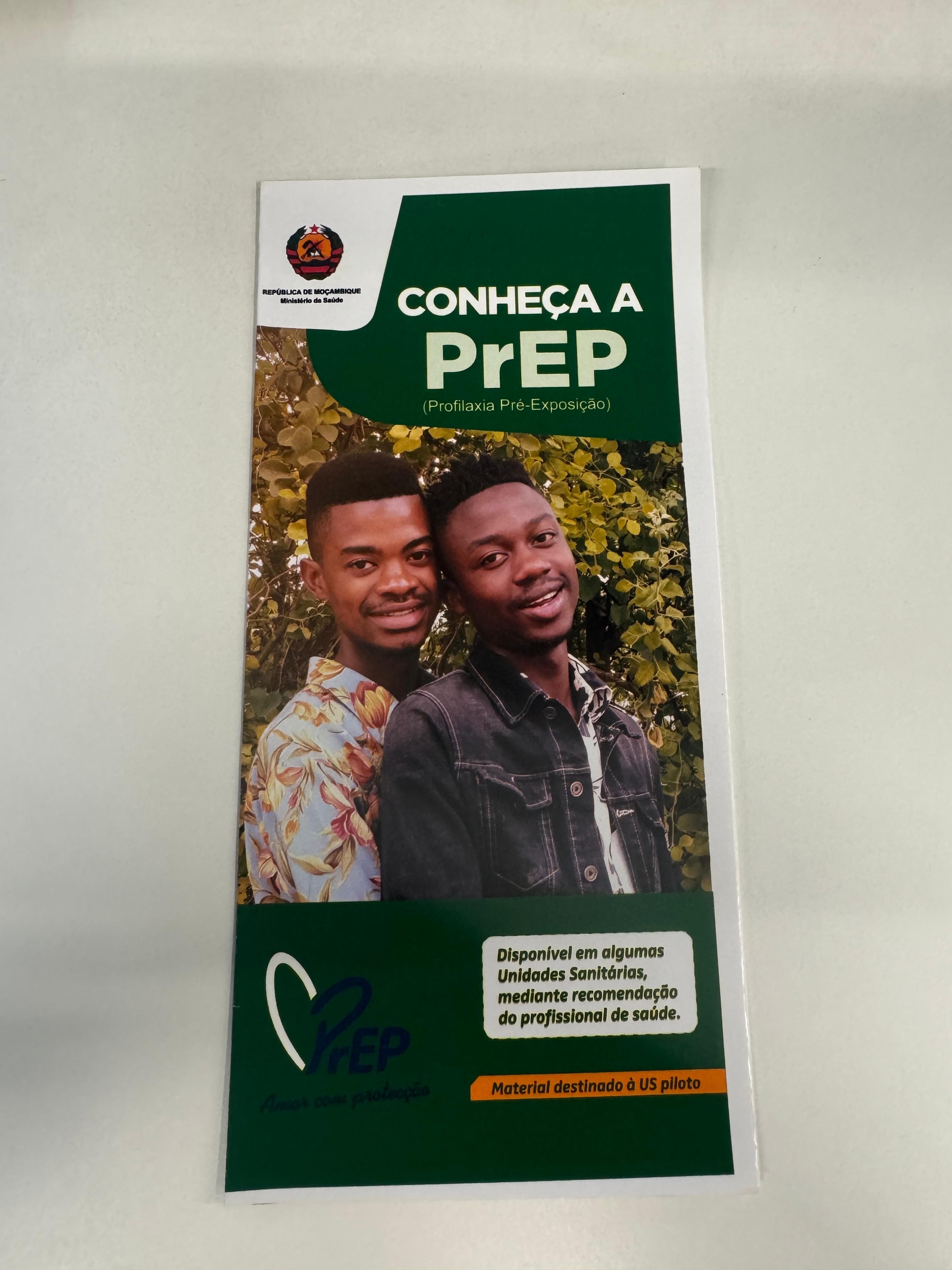 A picture of a PrEP leaflet with the tile on a green box and a picture of two men beneath it.