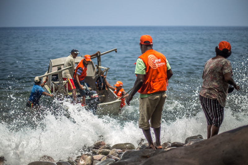 Our humanitarian team bring urgent medical supplies by boat including vaccinations, antibiotics and contraceptives to remote communities living on Manaro Voui Volcano on Ambae Island.