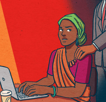 An illustration of a woman being harassed at work 
