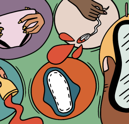 An illustration of period products (pad, tampon, menstrual cup, menstrual disc, underwear)