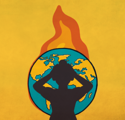 An illustration of a distressed woman in a burning globe