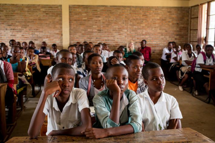 Students listen during a health club session at the Municipal Lycee of Nyakabiga school in Bujumbura. 