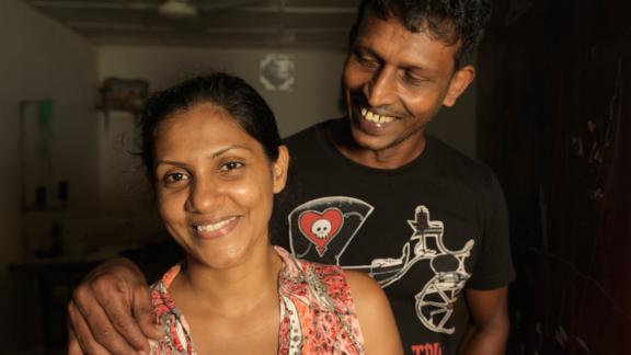 A couple affected by the floods in Sri Lanka