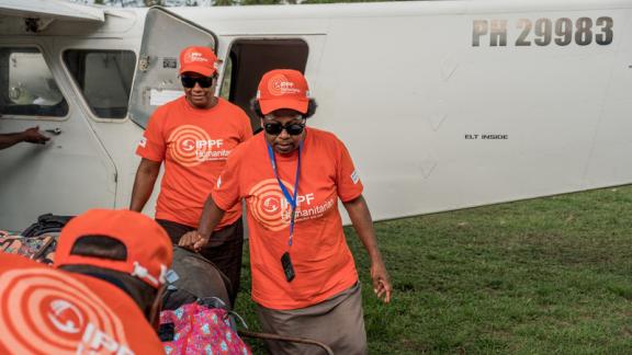 Humanitarian team arriving by plane