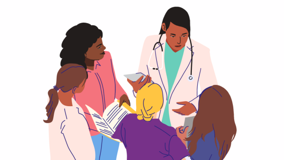 An illustration of a group of healthcare workers talking