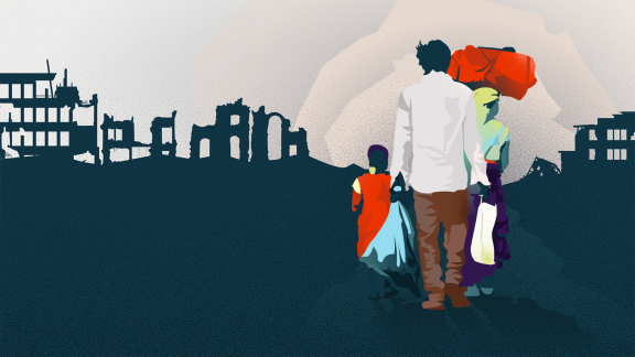 Illustration of a Sudanese family walking away with their backs turned. 