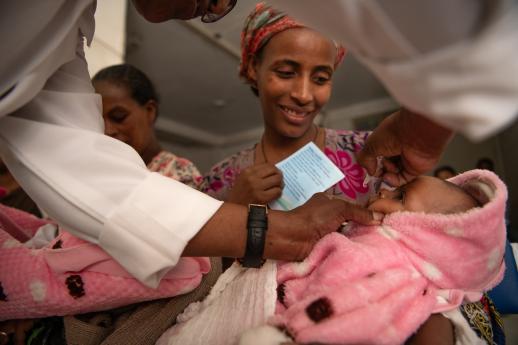 A health worker administers vaccinations to babies at a Clinic in Mekelle, Ethiopia.