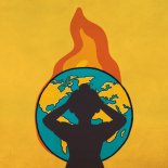 An illustration of a distressed woman in a burning globe